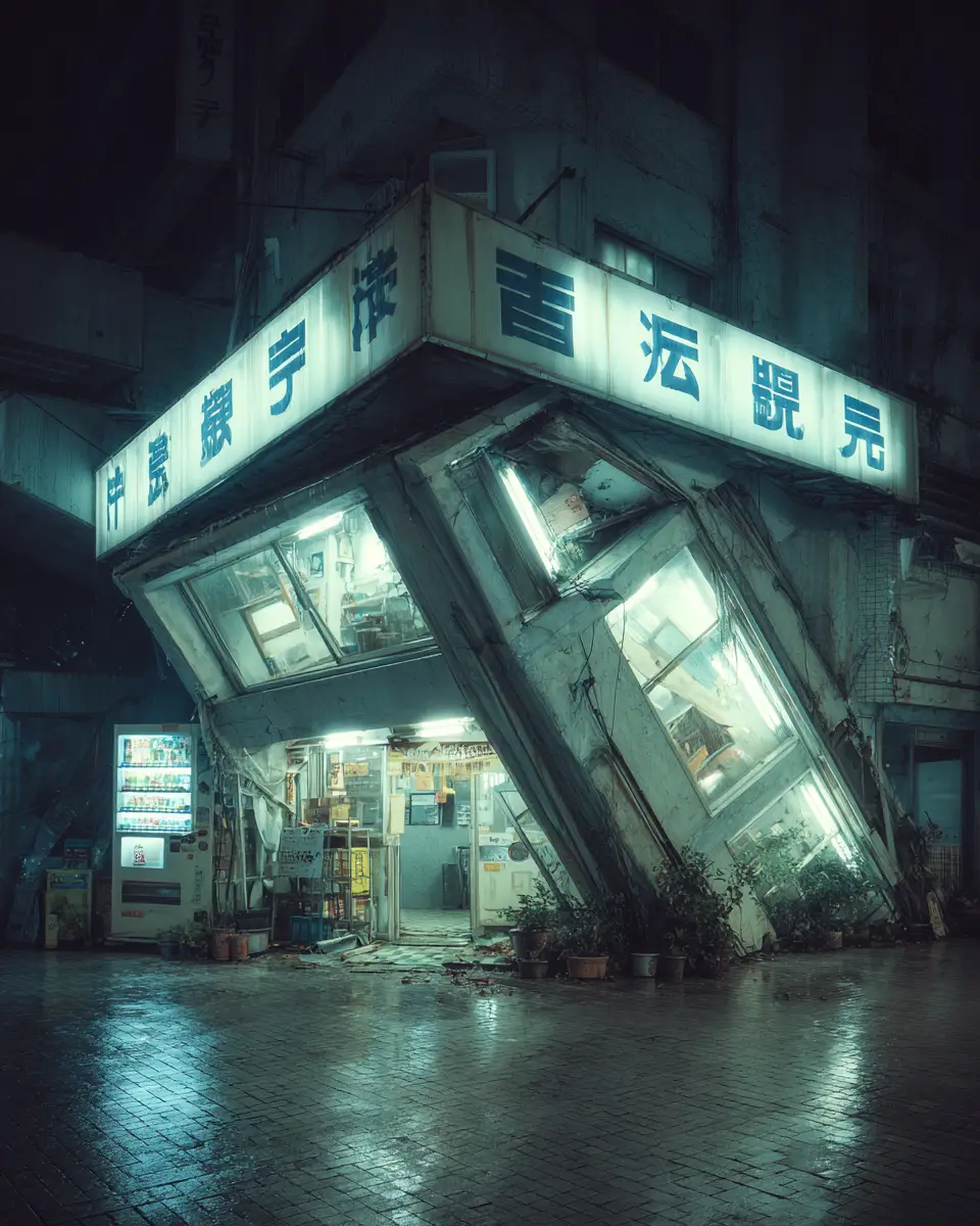 Surreal derelict storefront folding into itself at night