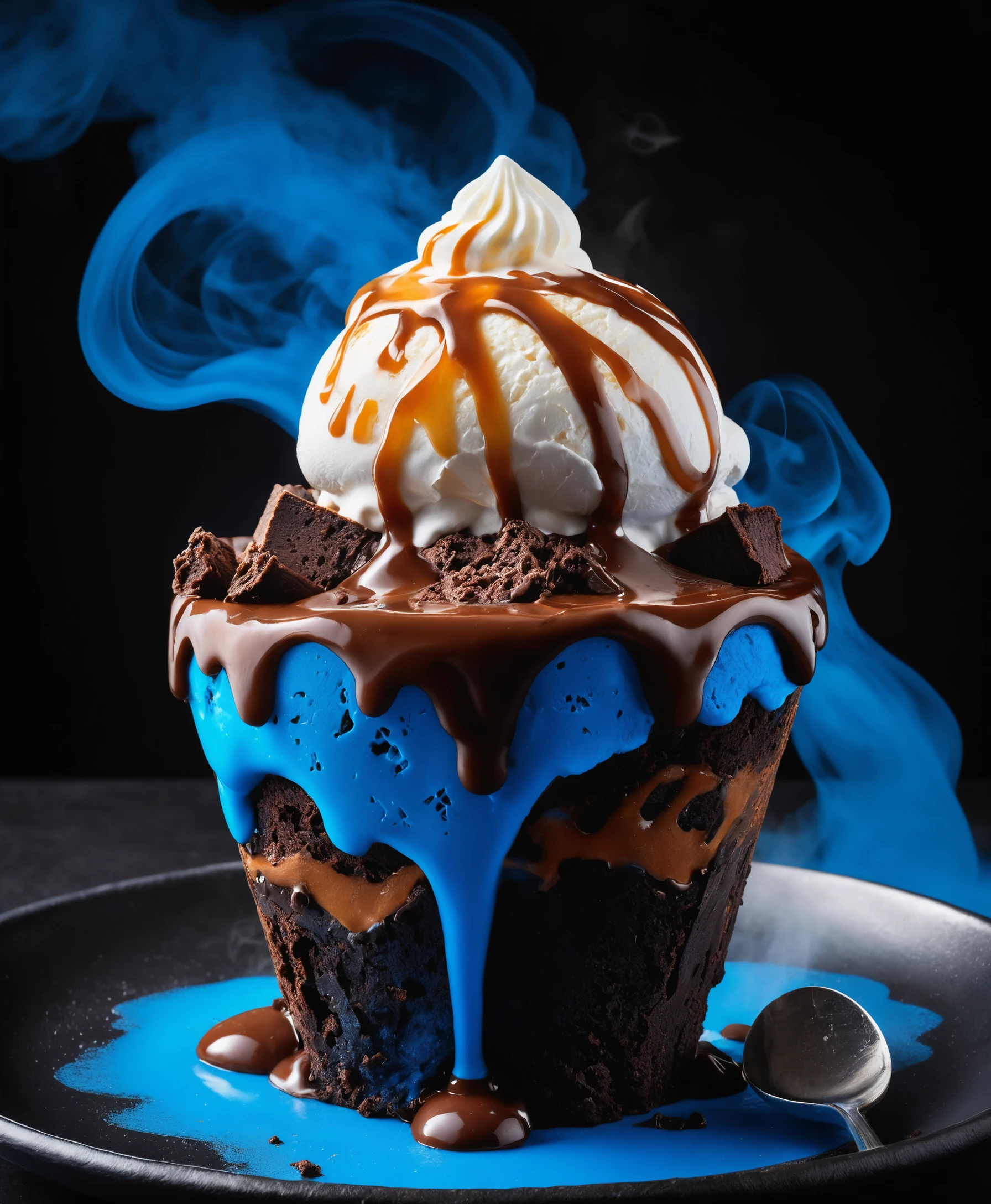 Fantasy hot fudge sundae in a caramel volcano crater
