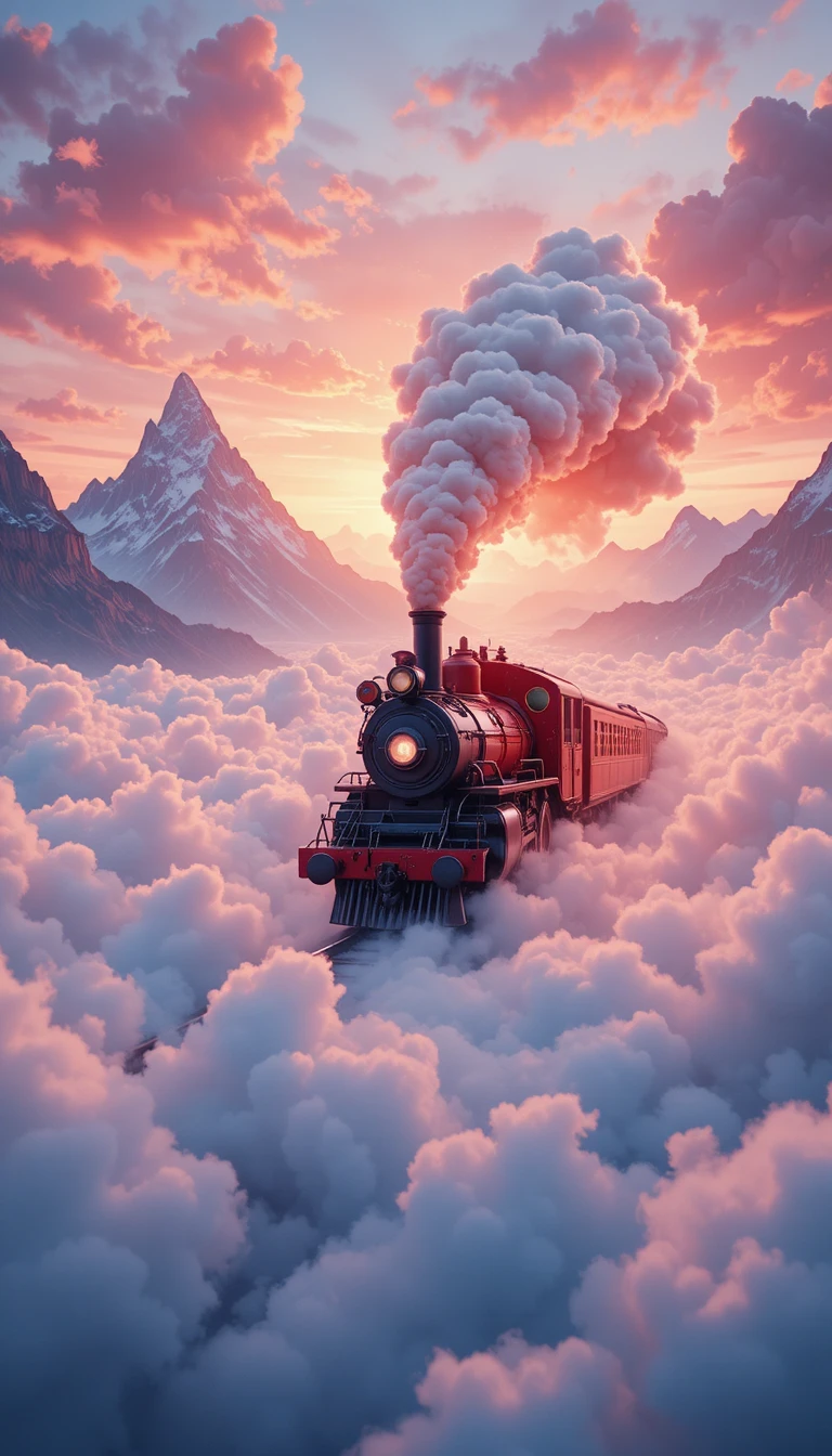 Roter Dampfzug fliegt bei Sonnenuntergang durch die Wolken