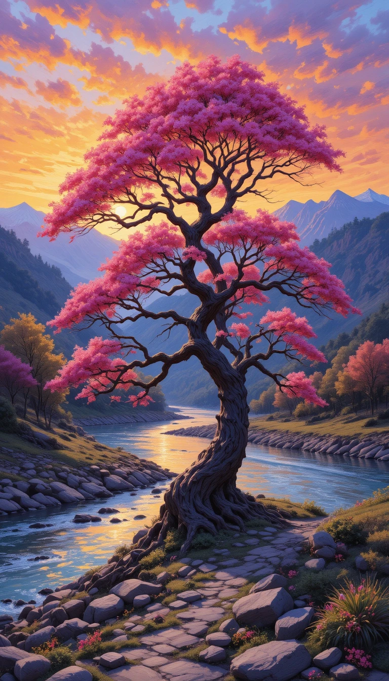 Colorful tree by a river under a glowing sunset sky