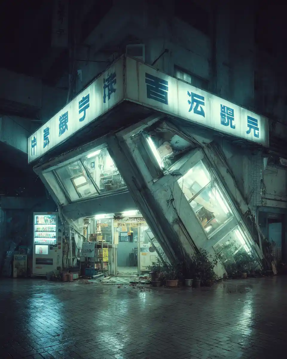 Surreal derelict storefront folding into itself at night