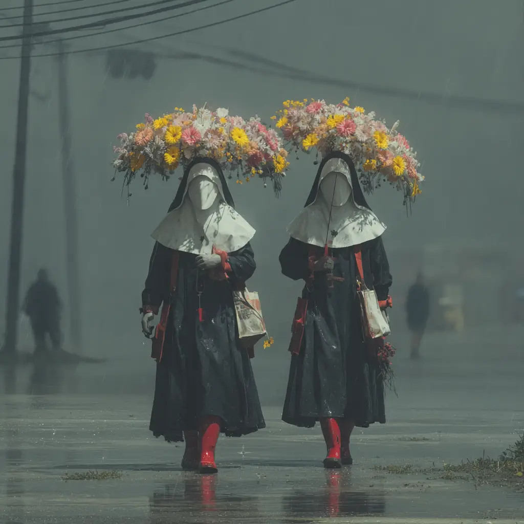 Whimsical nuns in red boots walking under glowing flower umbrellas