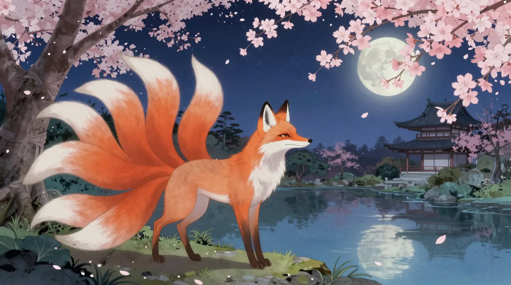 Mystical nine tailed fox spirit in moonlit garden