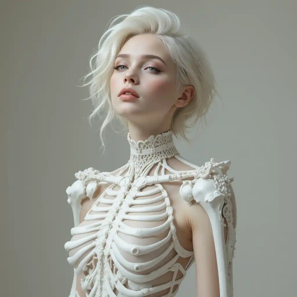 Ritratto d’avanguardia di donna in couture scheletrica