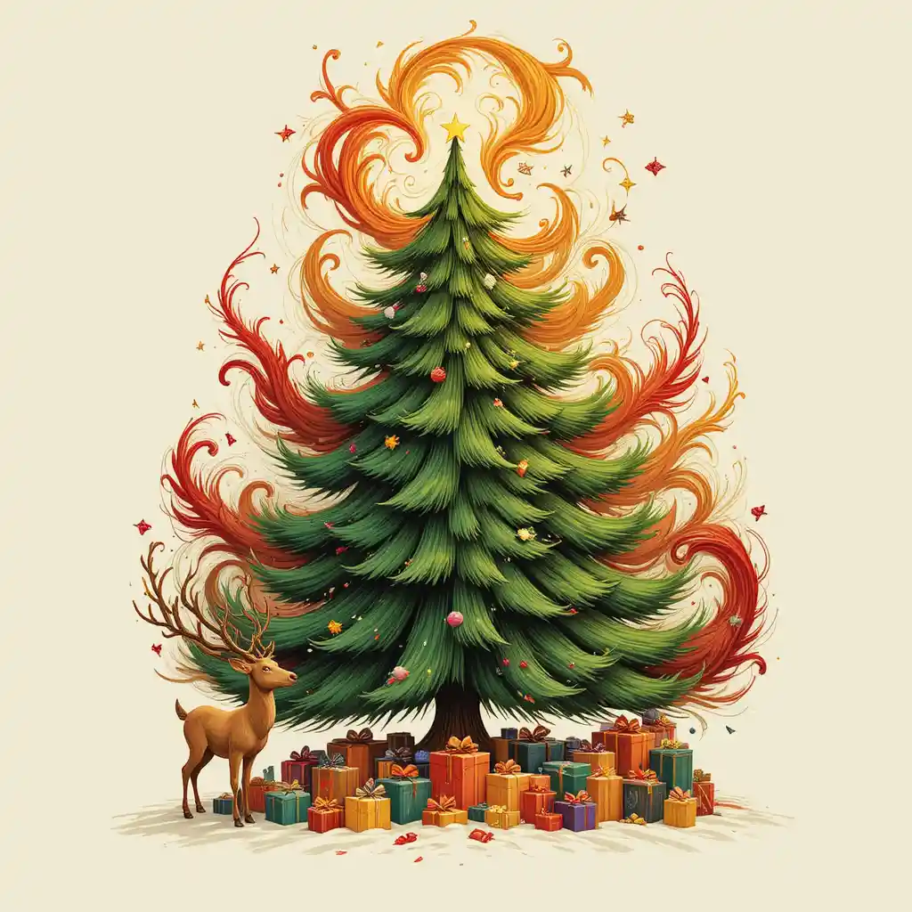 Calligraphy Style Green Christmas Tree With Colorful Swirls