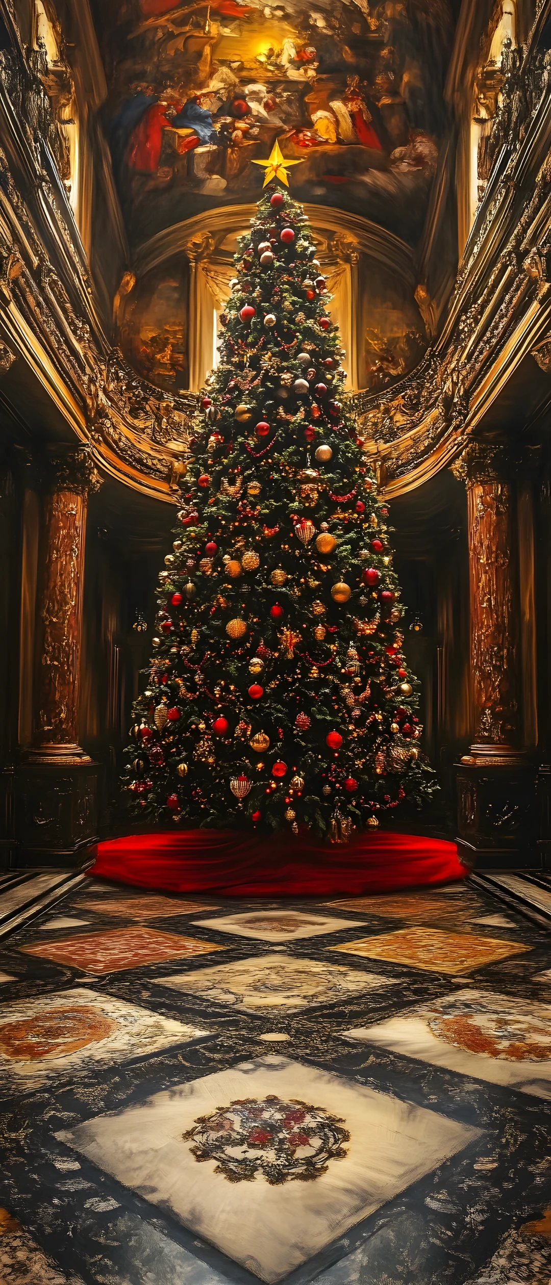Giant Christmas tree in a grand decorated hallway interior