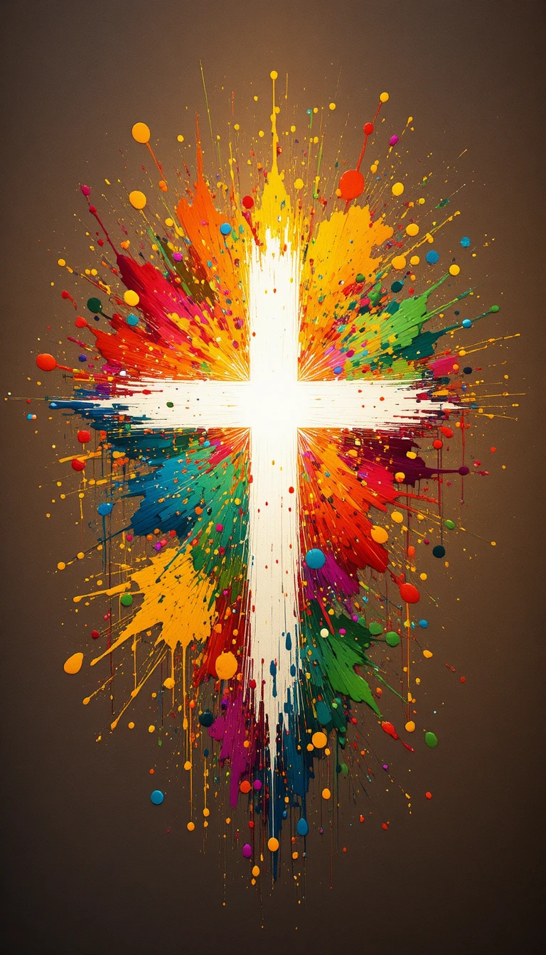 Croix blanche lumineuse avec éclaboussures de peinture abstraite colorée