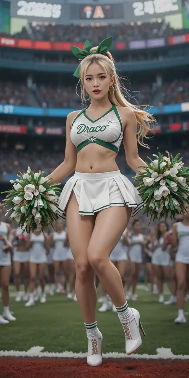 Blonde cheerleader jumping on football field with pom poms