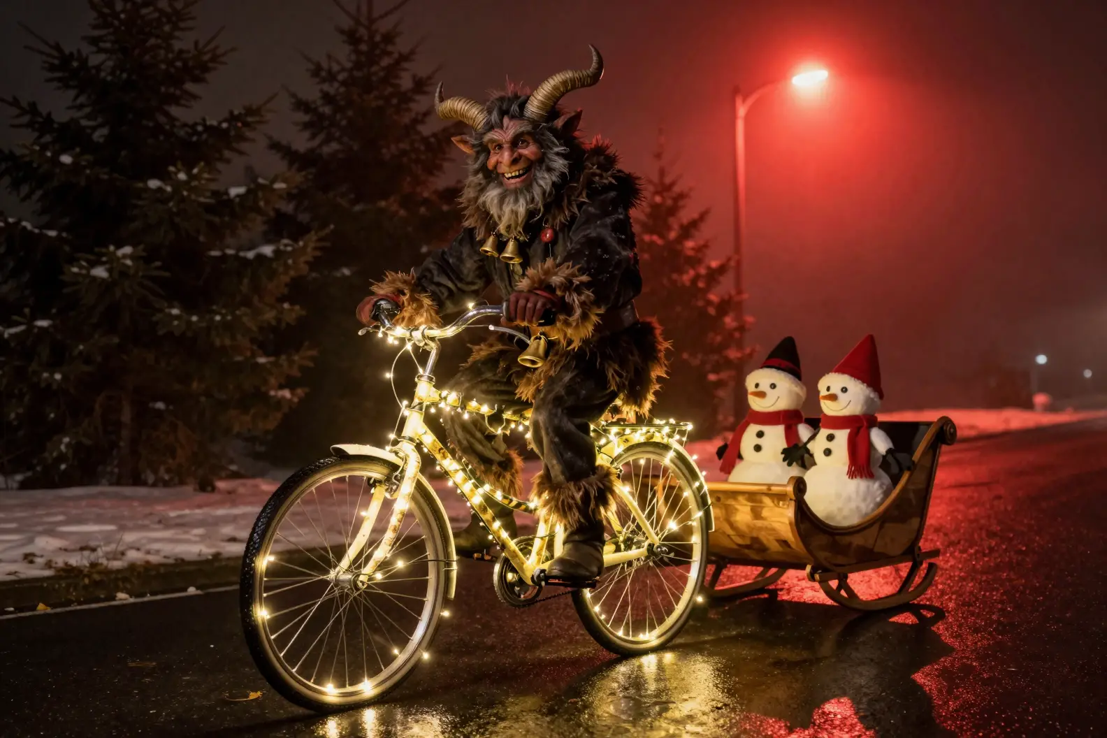Smiling Krampus Riding Fairy Lit Bicycle At Night
