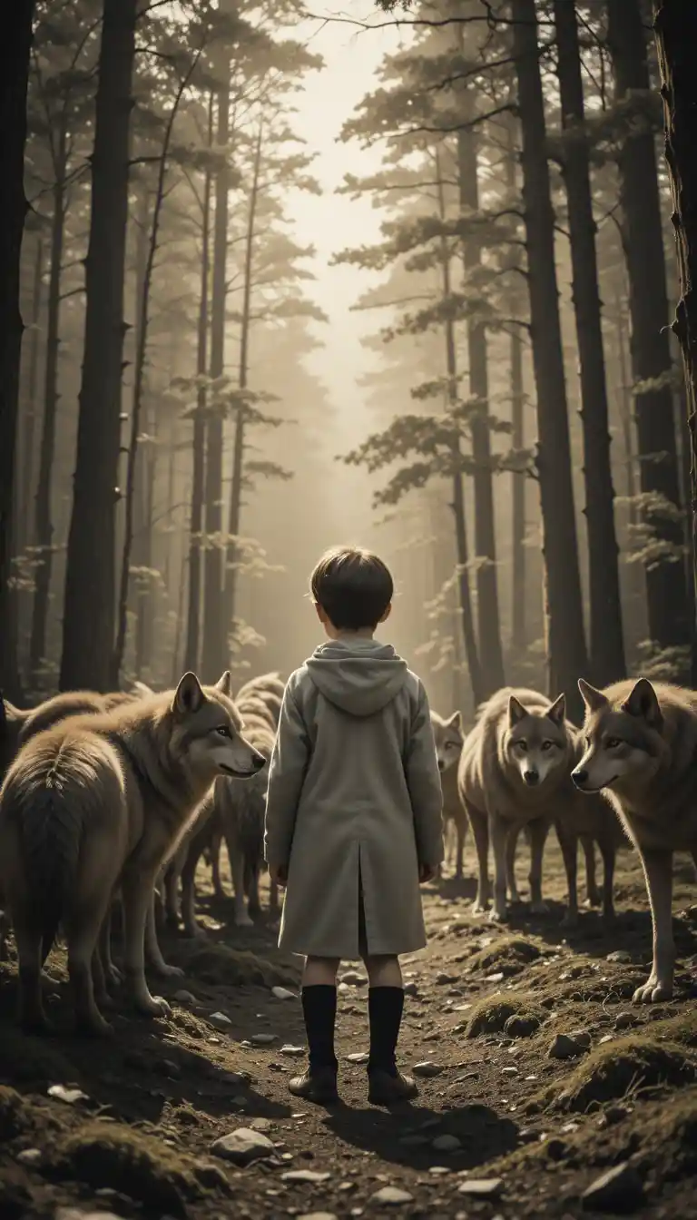 Boy in grey coat standing among wolves in forest
