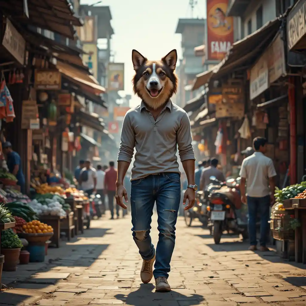 在熱鬧印度市集中行走的擬人化狗狗