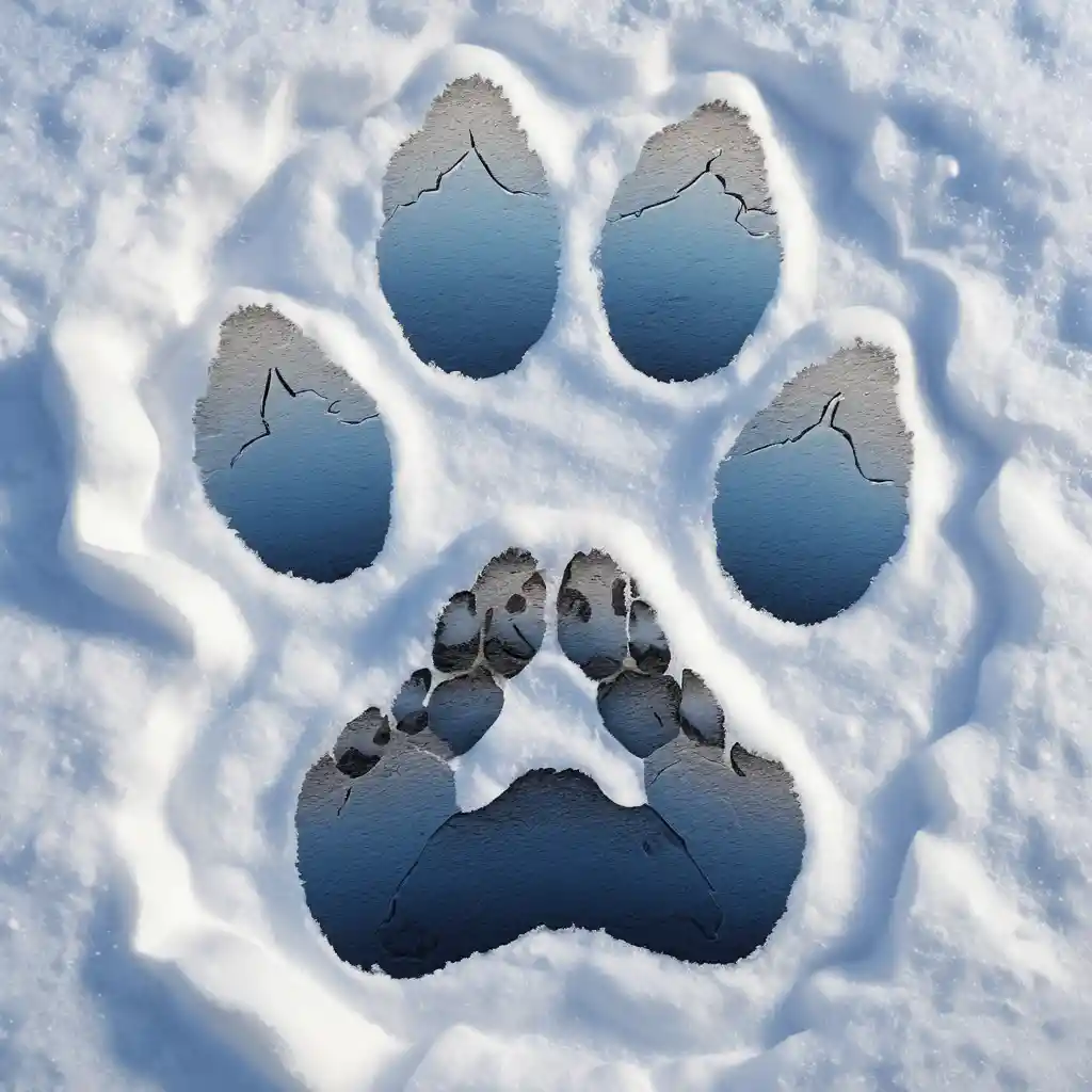 Empreinte de patte détaillée dans la neige avec de minuscules paysages d’hiver