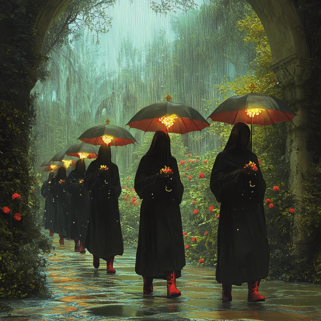 雨中修道院花傘漫步的修女們