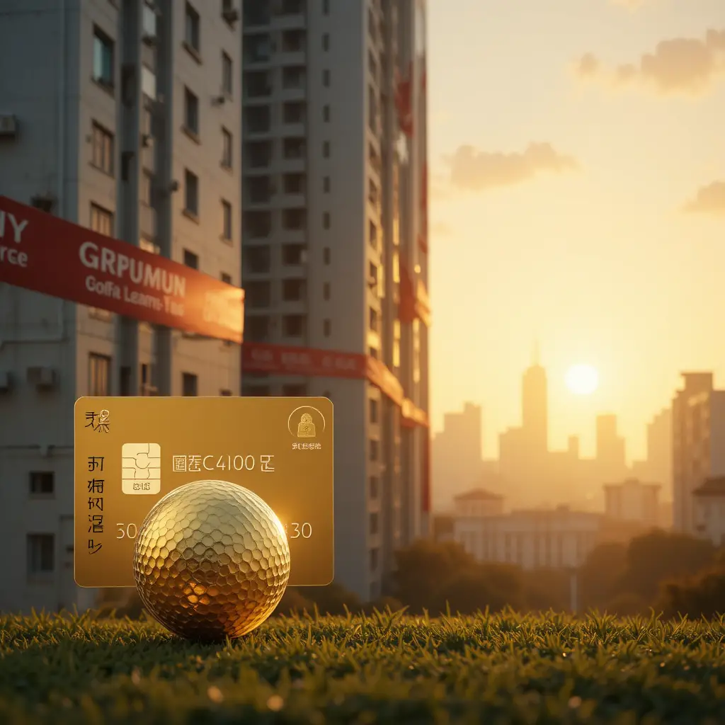 Cartão de associação de golfe dourado com cenário de horizonte urbano