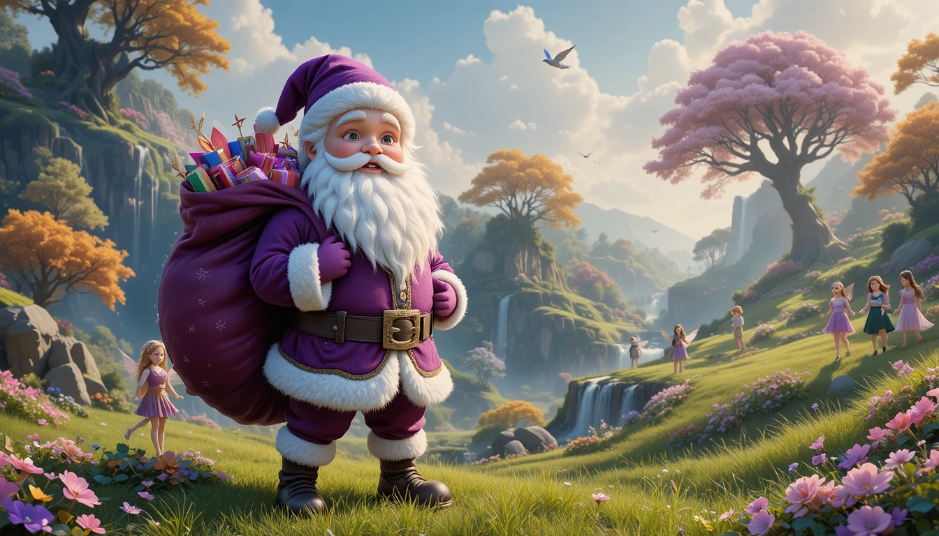 Smiling young boy Santa in violet clothes in fairy forest