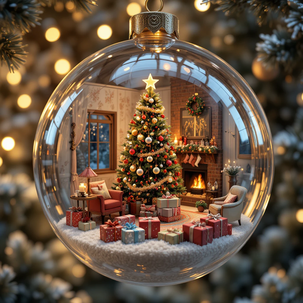 Vintage Christmas living room inside a glass ornament