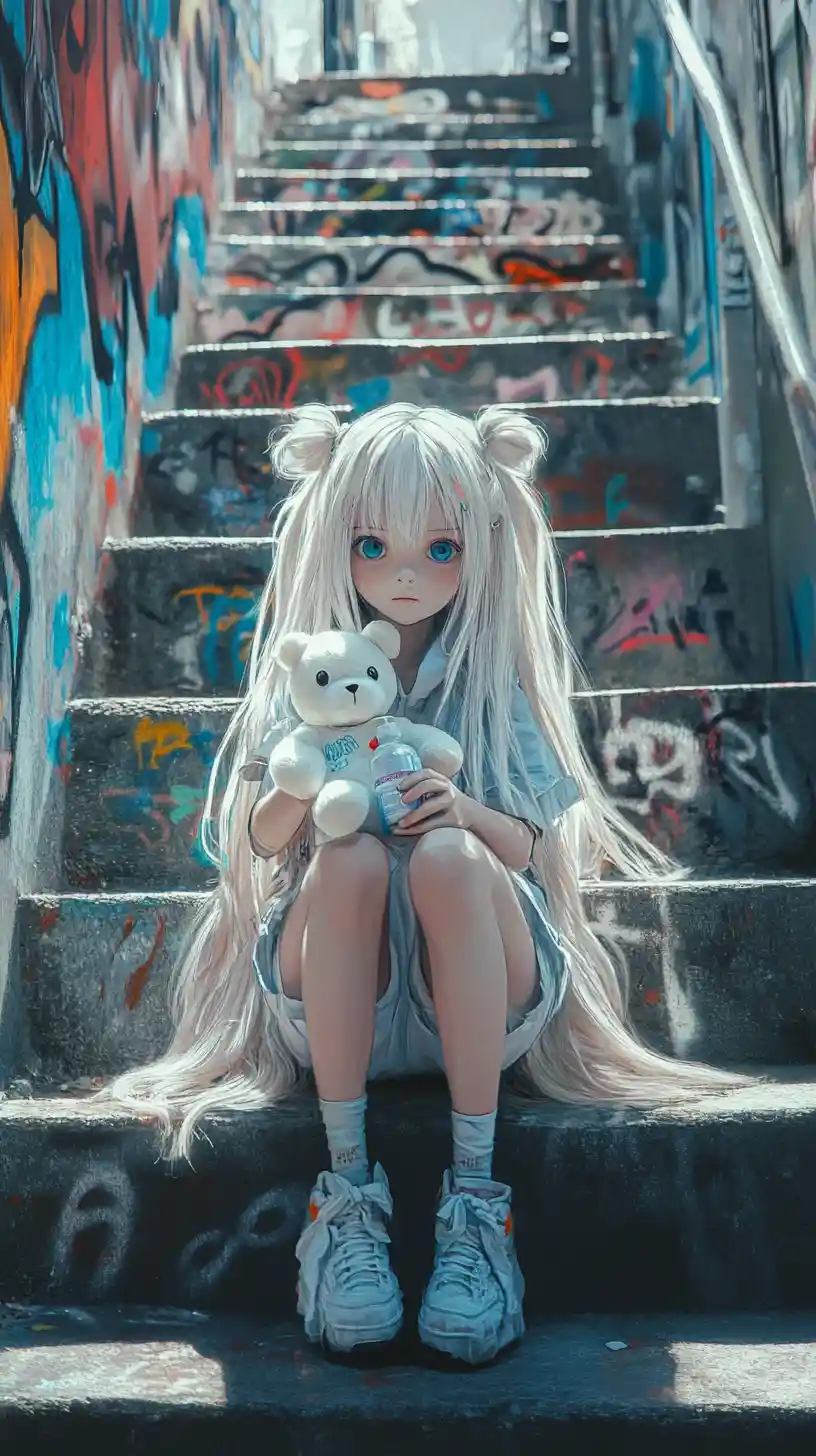 Garota de anime em escadas com grafite e urso de pelúcia branco