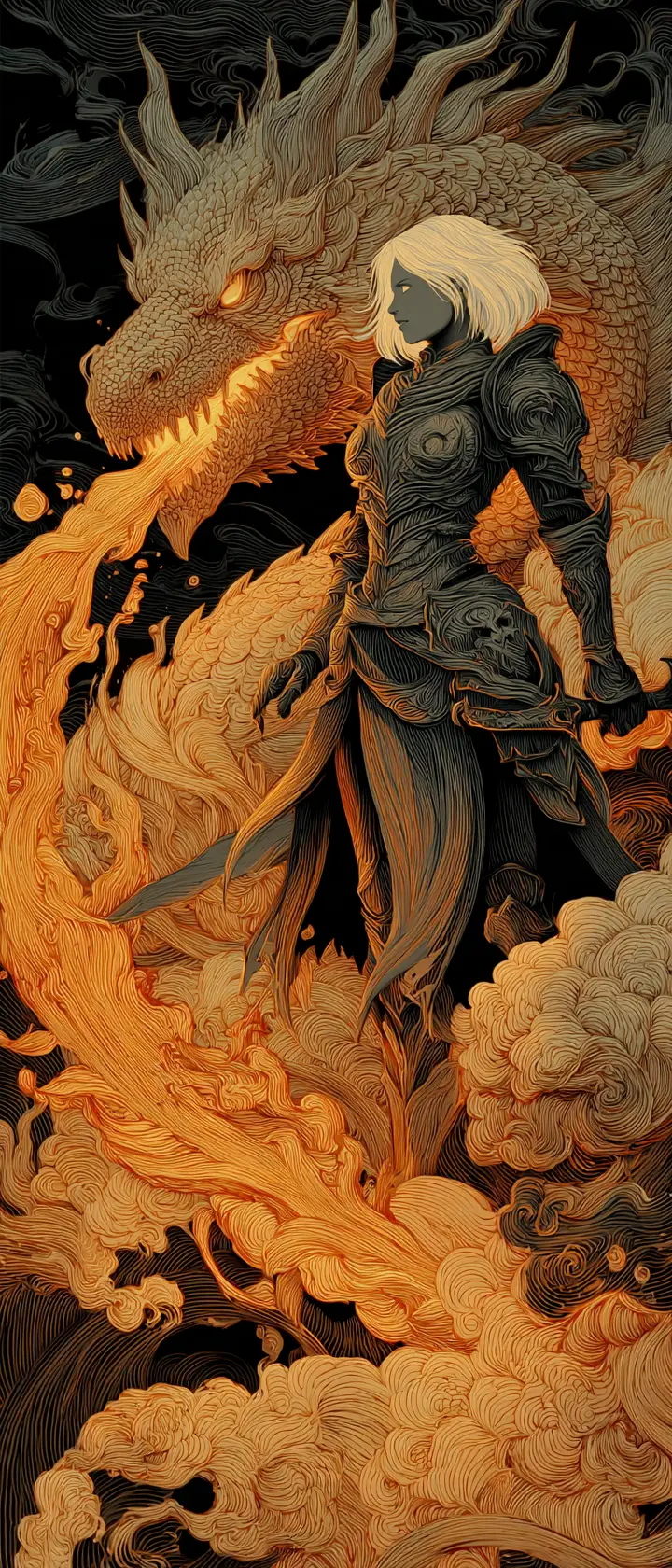 Warrior maiden riding dragon through burning clouds