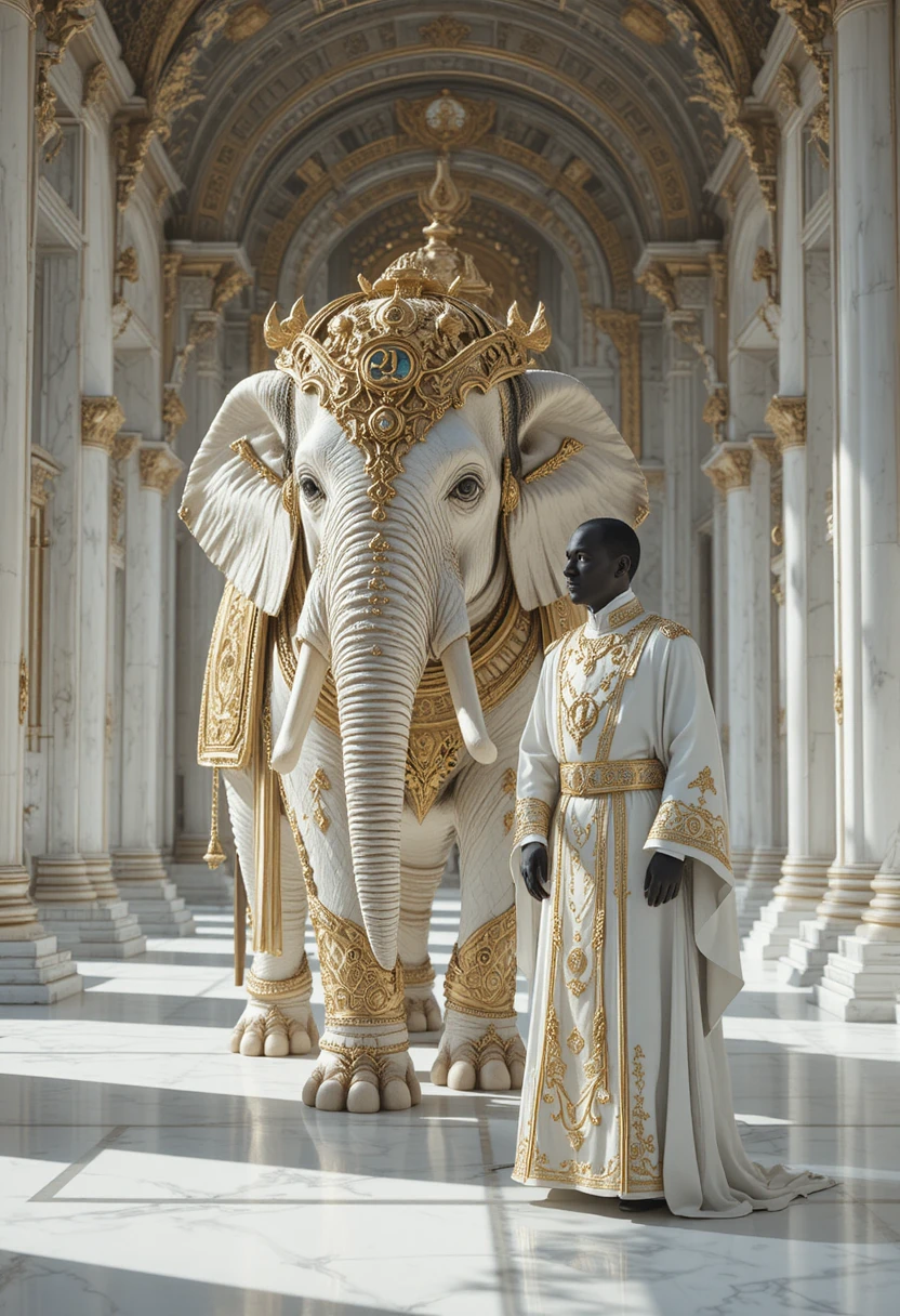 Éléphant blanc cuirassé aux côtés d’un prêtre masqué dans un temple de marbre