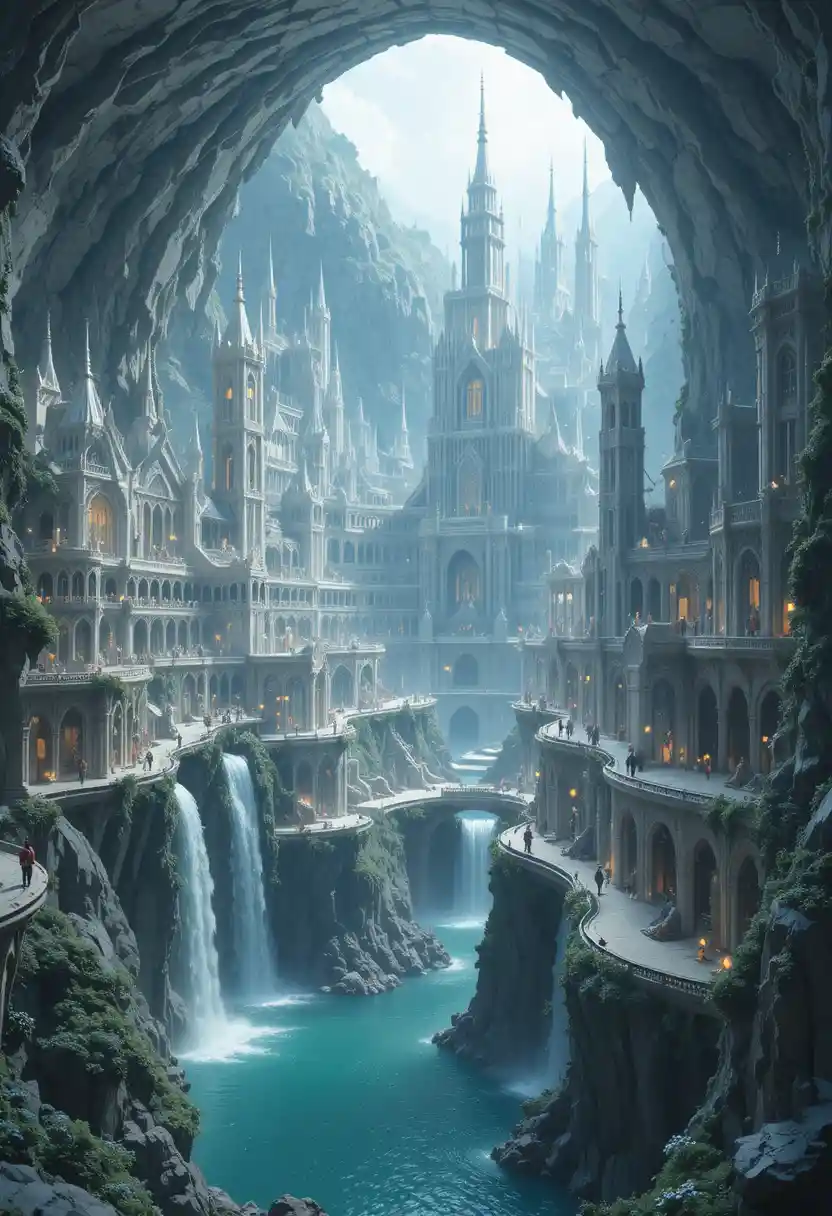 Colossal white fantasy city inside a vast limestone cavern