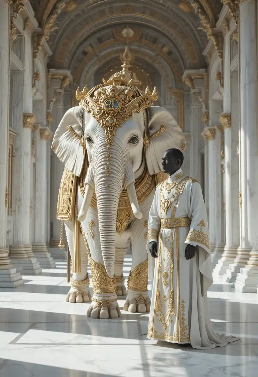 Éléphant blanc cuirassé aux côtés d’un prêtre masqué dans un temple de marbre
