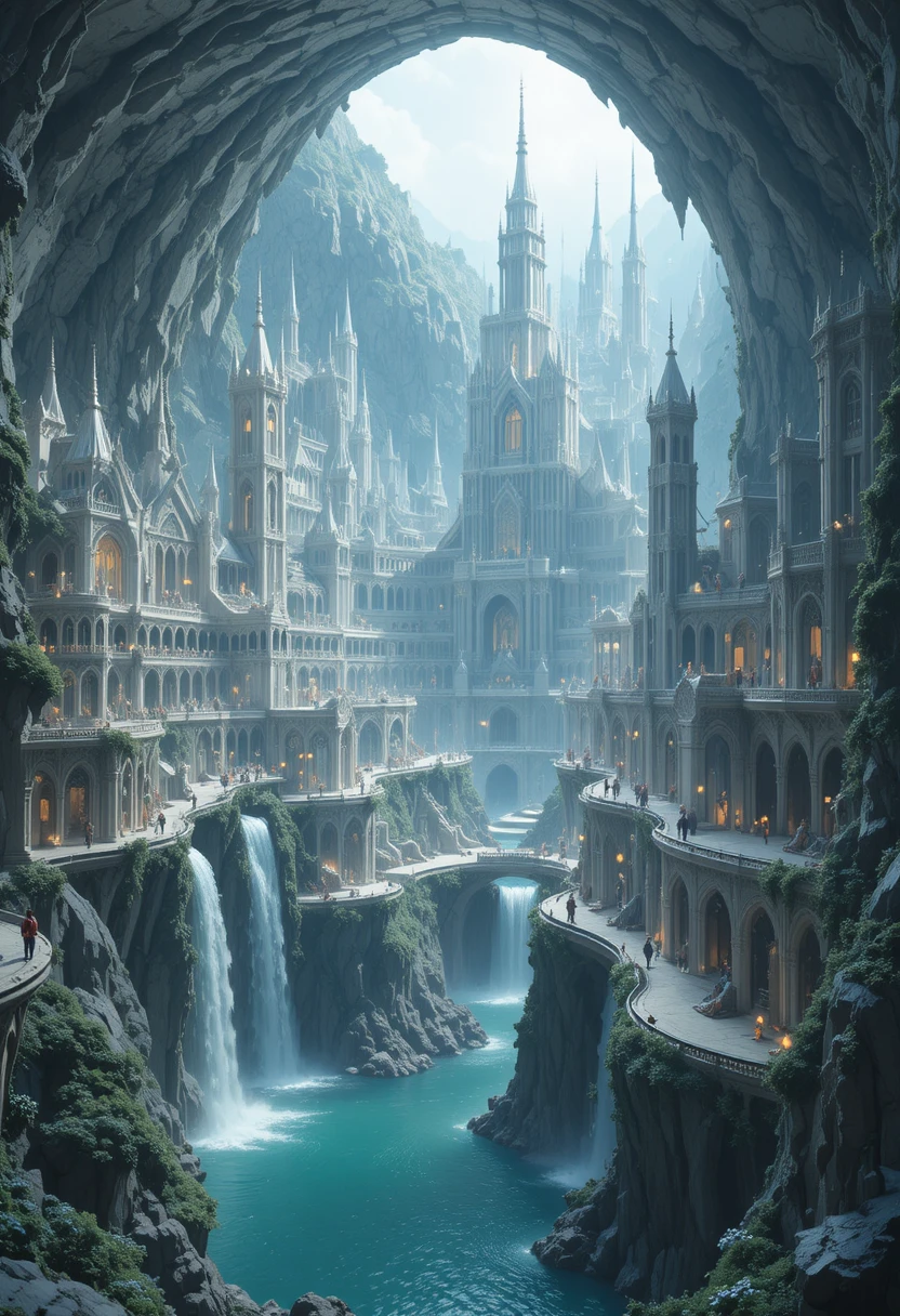 Colossale città bianca fantasy all'interno di una vasta caverna di calcare
