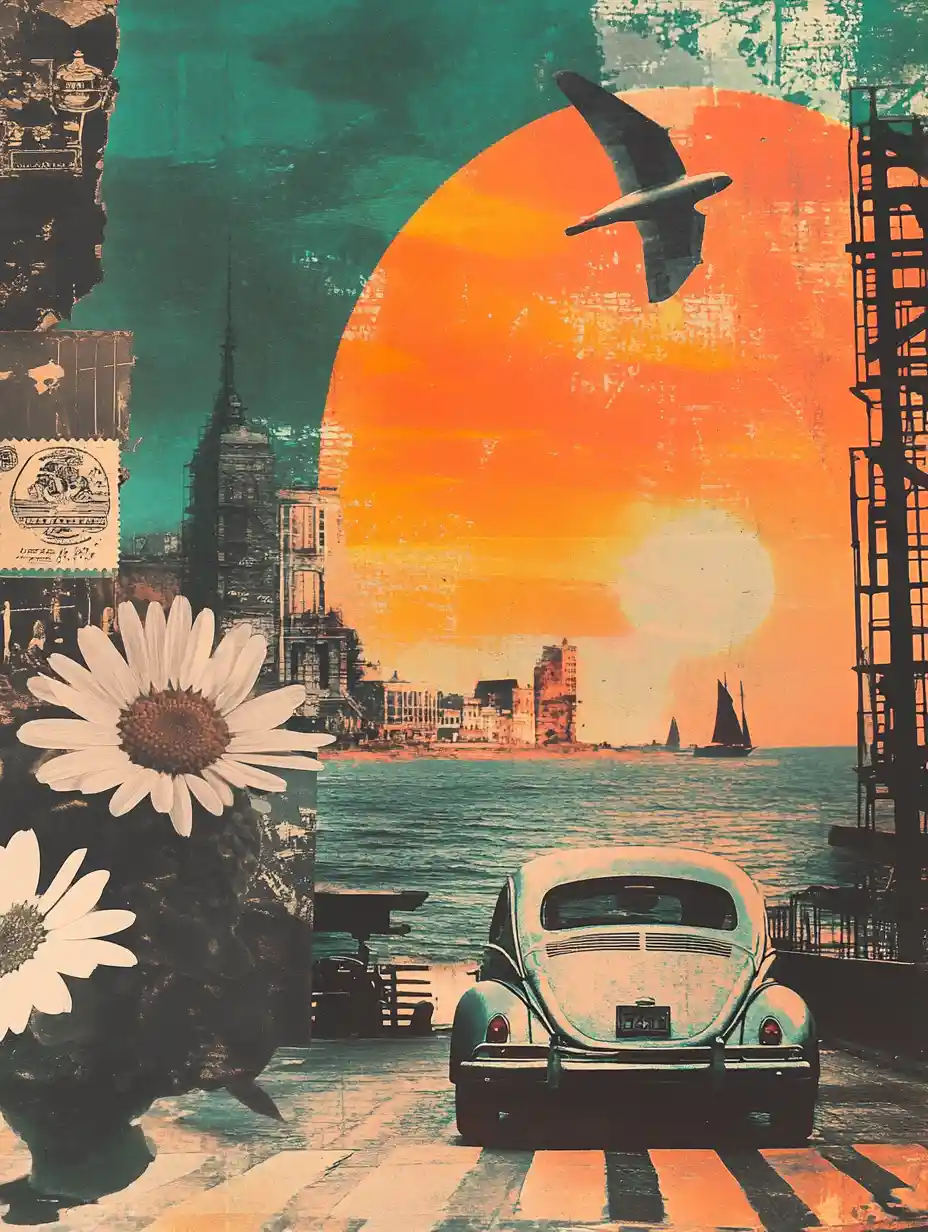 Stencil collage of urban objects in pastel green tones