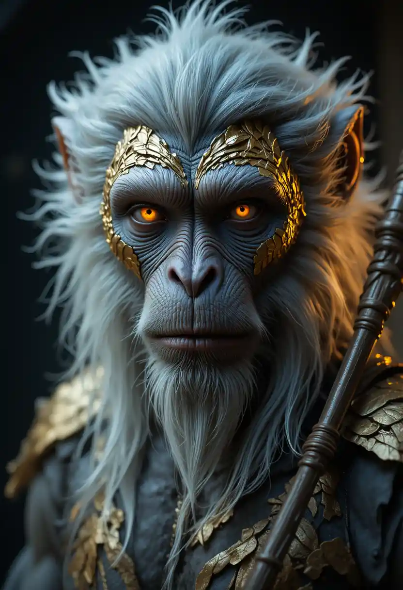 Mythical monkey king close up with glowing orange eyes