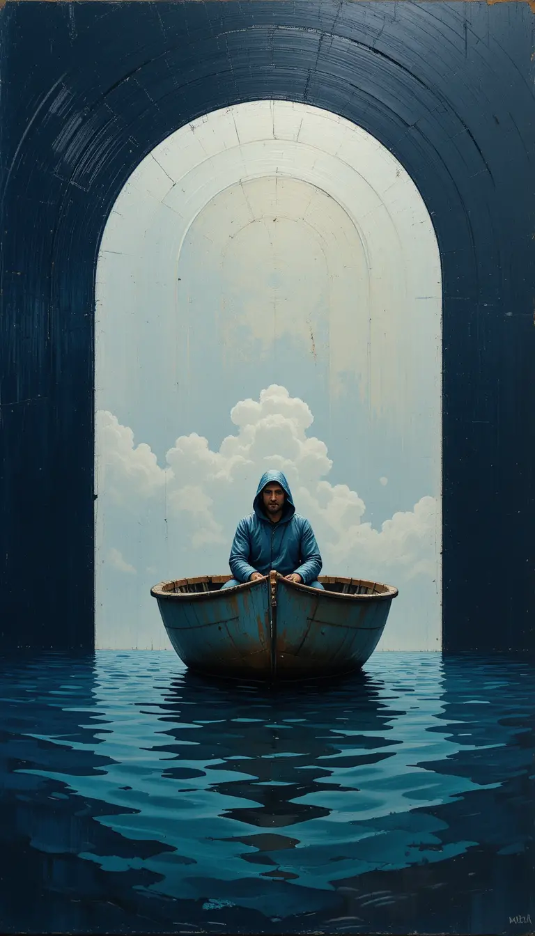 Solitary fisherman in a small boat at silent dawn