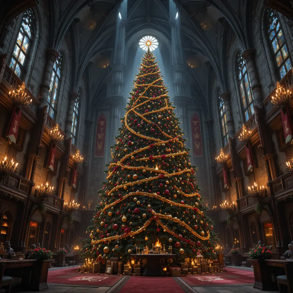 Grand Christmas tree glowing inside a medieval castle hall