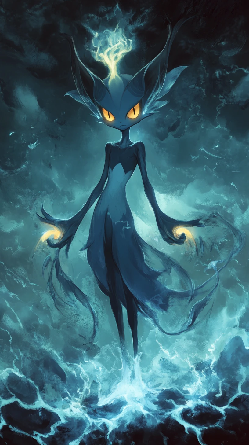 Dark blue magical creature under a stormy lightning sky
