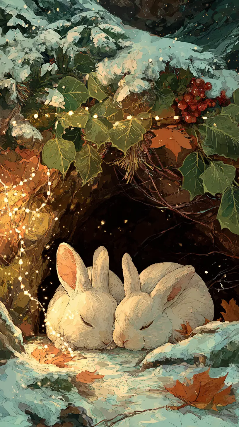 Two sleeping rabbits in a cozy winter forest den