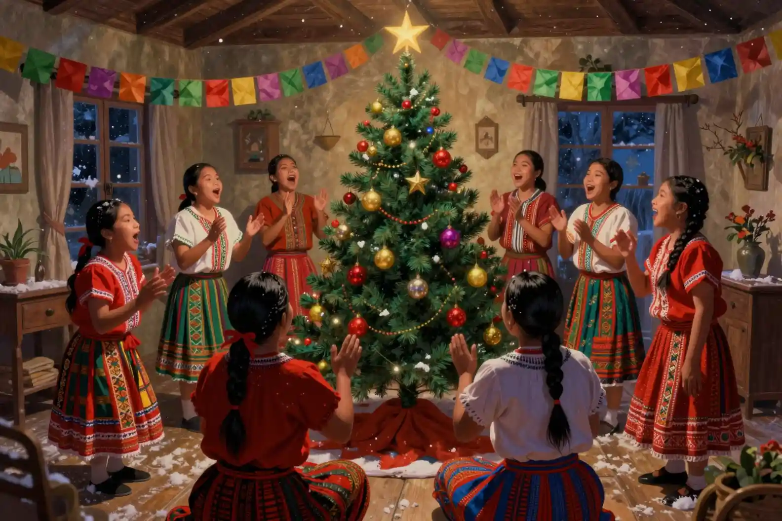 Chorale philippine chantant près d’un sapin de Noël festif