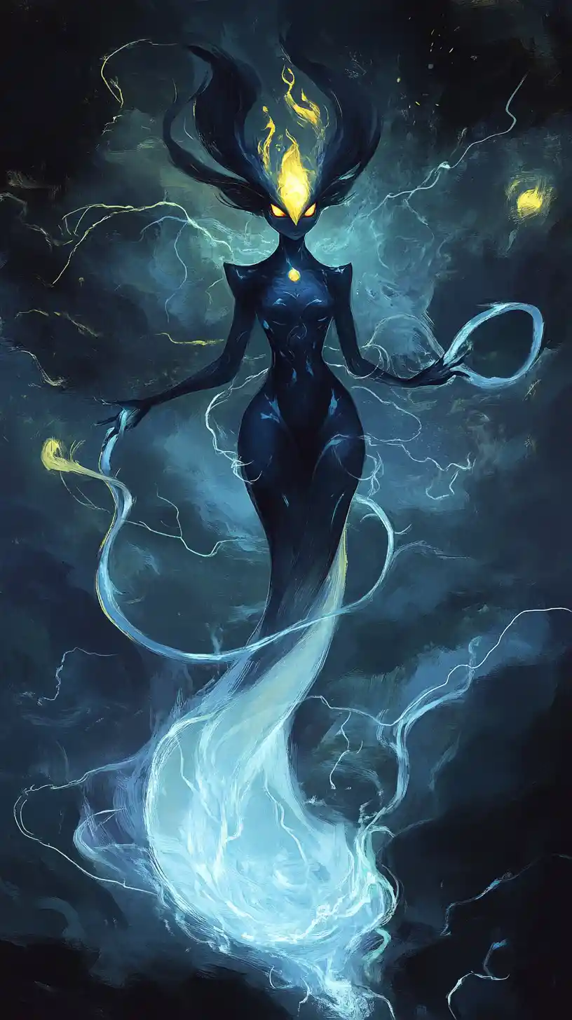 Dark blue fantasy creature crowned with glowing yellow eyes