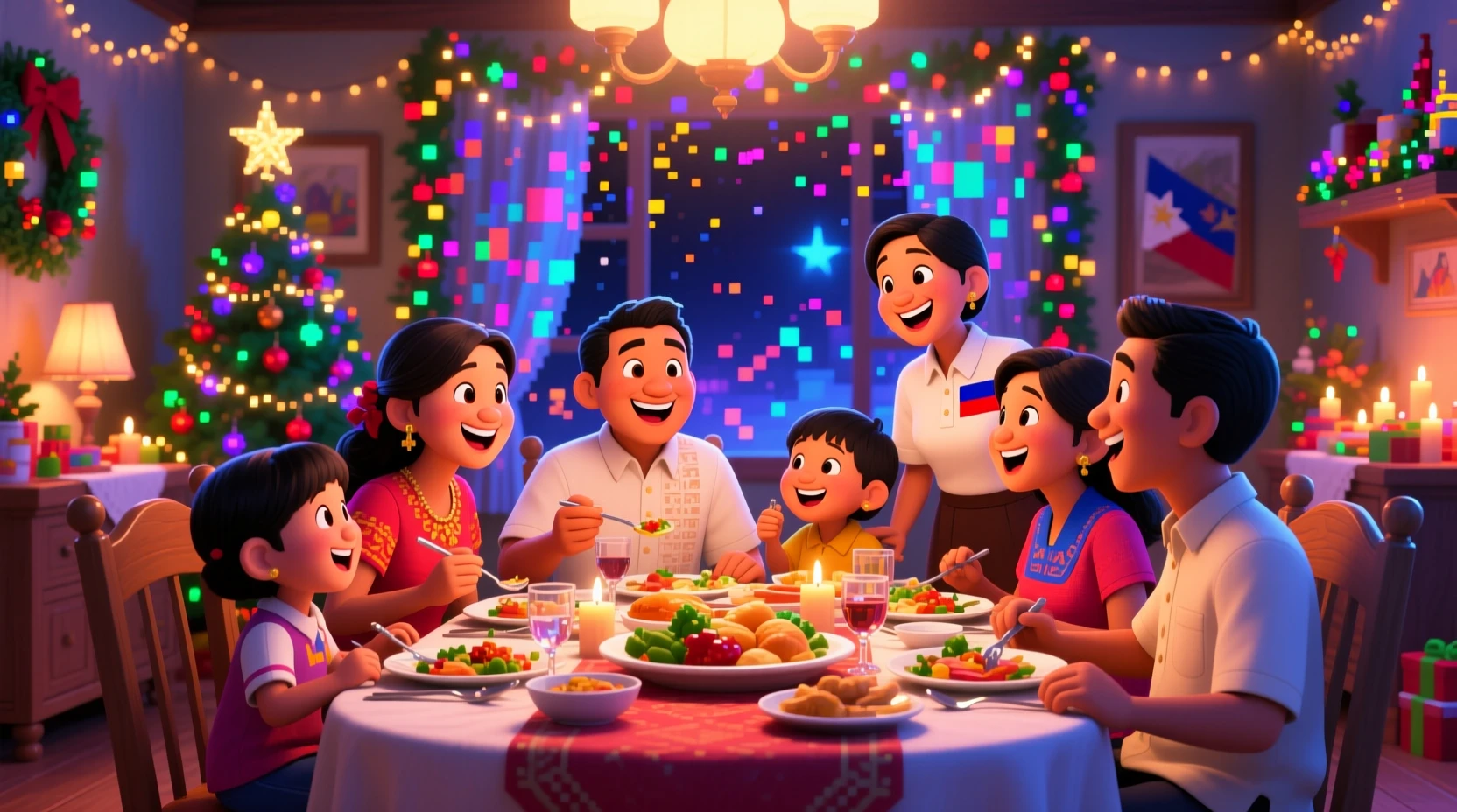 Philippinische Familie beim Teilen des Noche-Buena-Abendessens in festlich geschmücktem Esszimmer