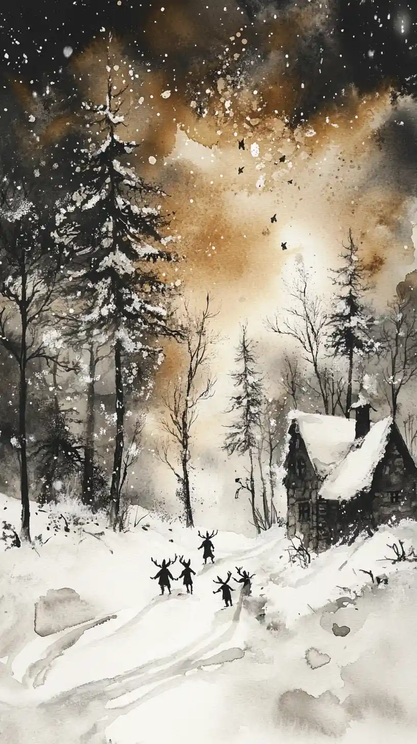 Elfos Jugando en un Paisaje Invernal Mágico Bajo una Tormenta de Nieve