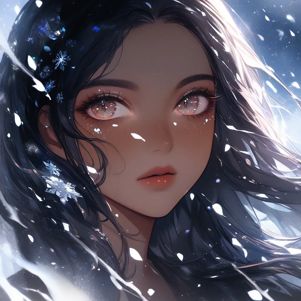 Serene brown skinned woman in a gentle swirling snowstorm