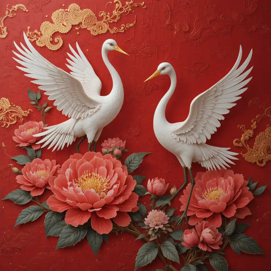 紅金畫布上的鶴與牡丹古典絲綢畫