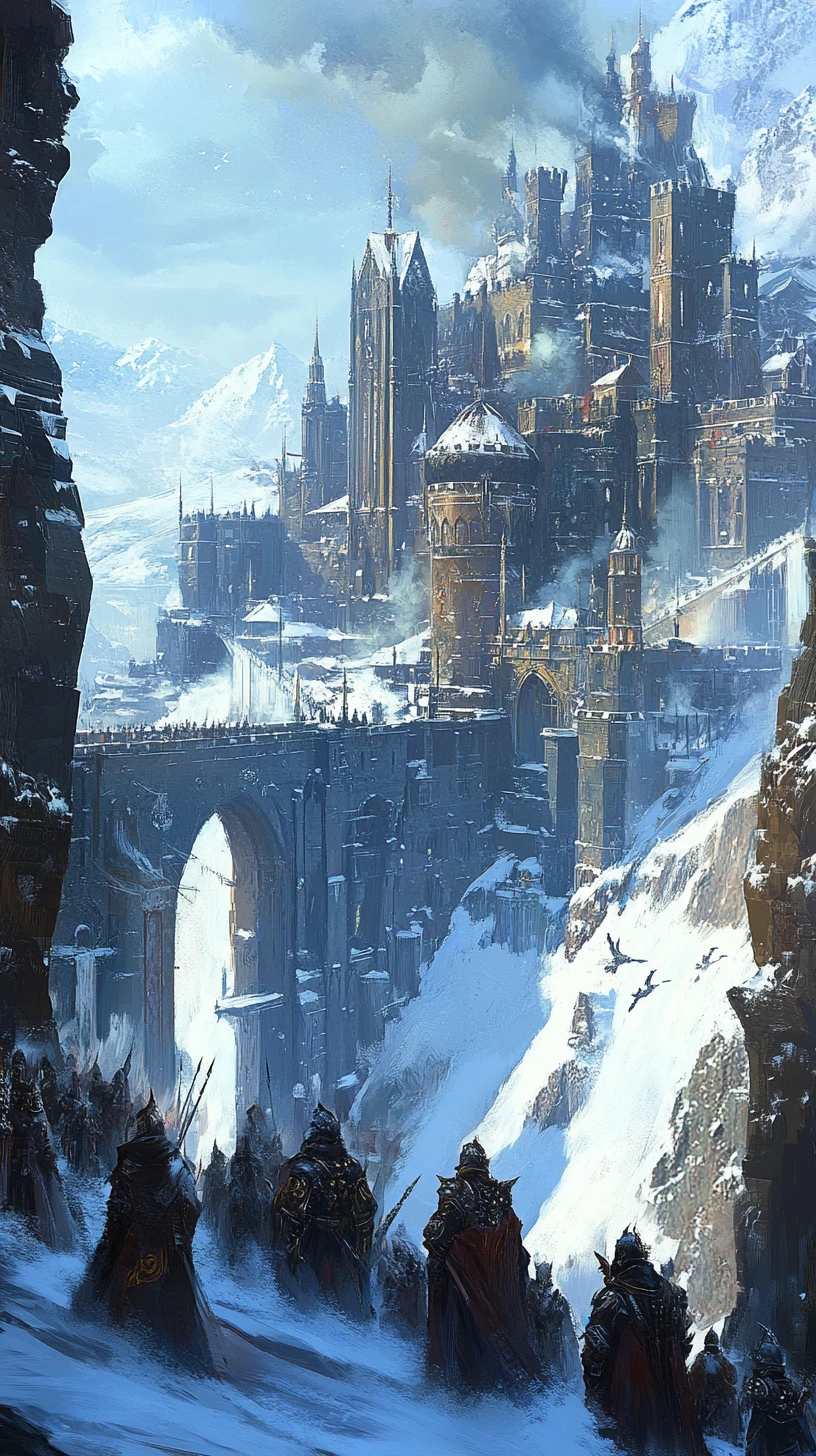 Fortezza steampunk medievale che si erge su un campo di battaglia innevato