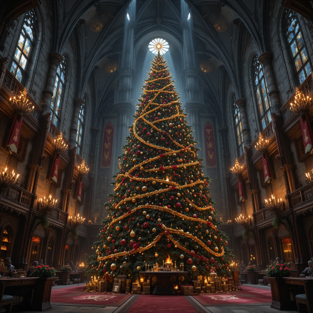 Grand Christmas tree glowing inside a medieval castle hall