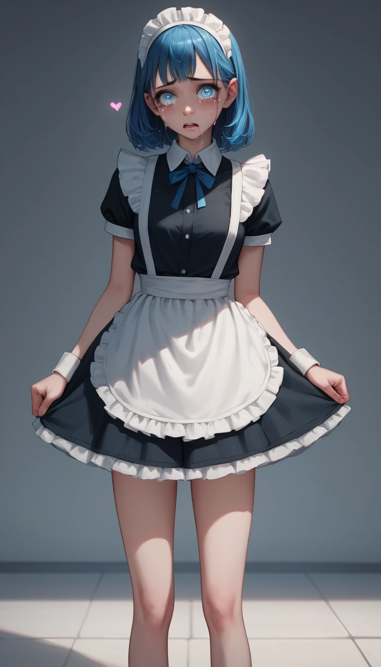Sad anime schoolgirl in maid outfit in classroom