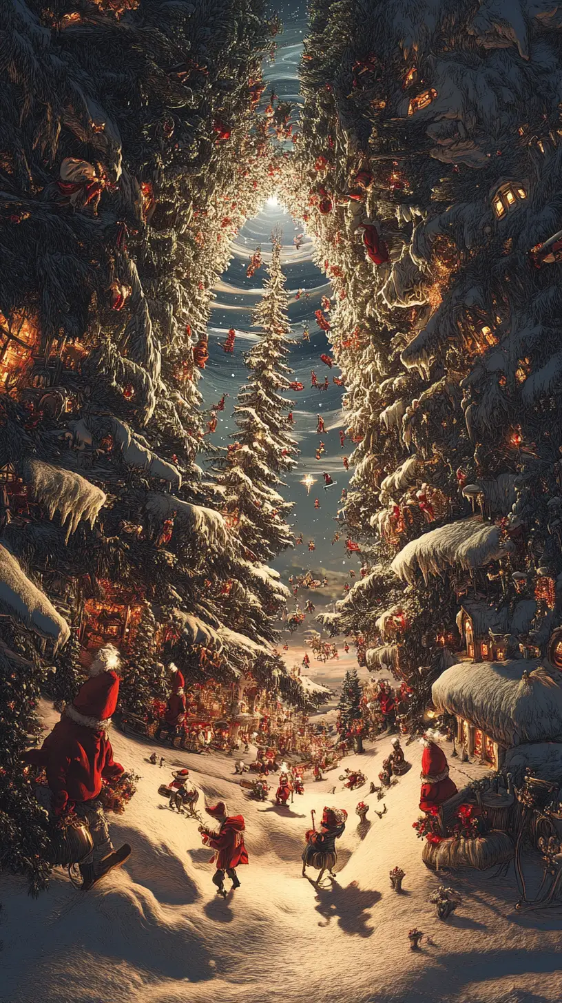 Illusion de Noël surréaliste avec plusieurs scènes qui se chevauchent