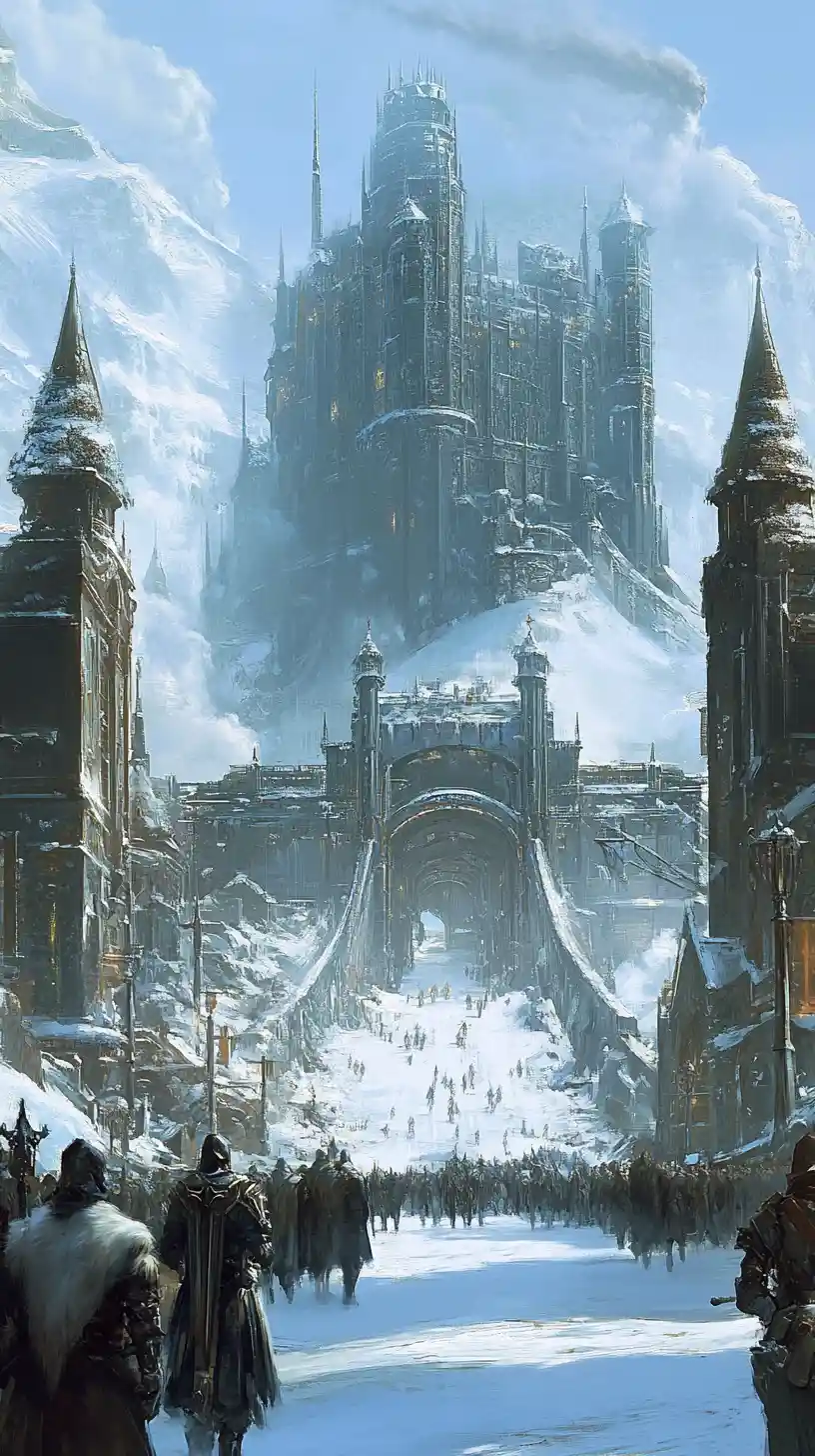 Fortezza steampunk medievale con cavalieri in marcia sulla neve