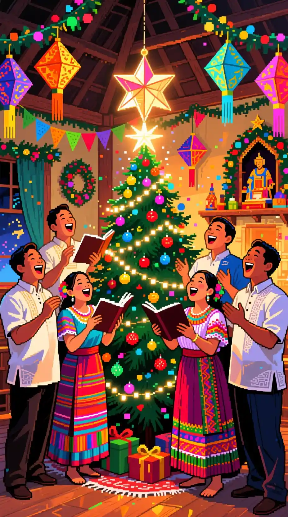 Filipino carolers singing beside a festive christmas tree