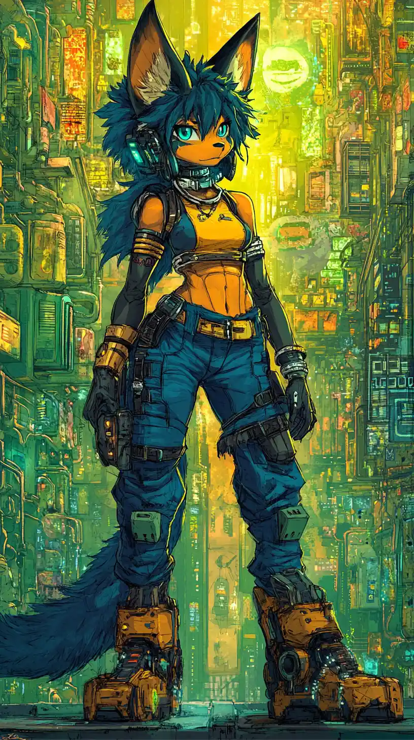 Ragazza con outfit ispirato a Lucario in una città cyber steampunk