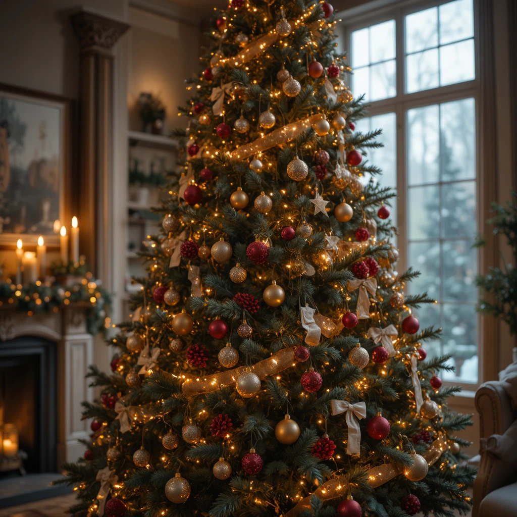 Cozy living room with glowing Christmas tree and candles