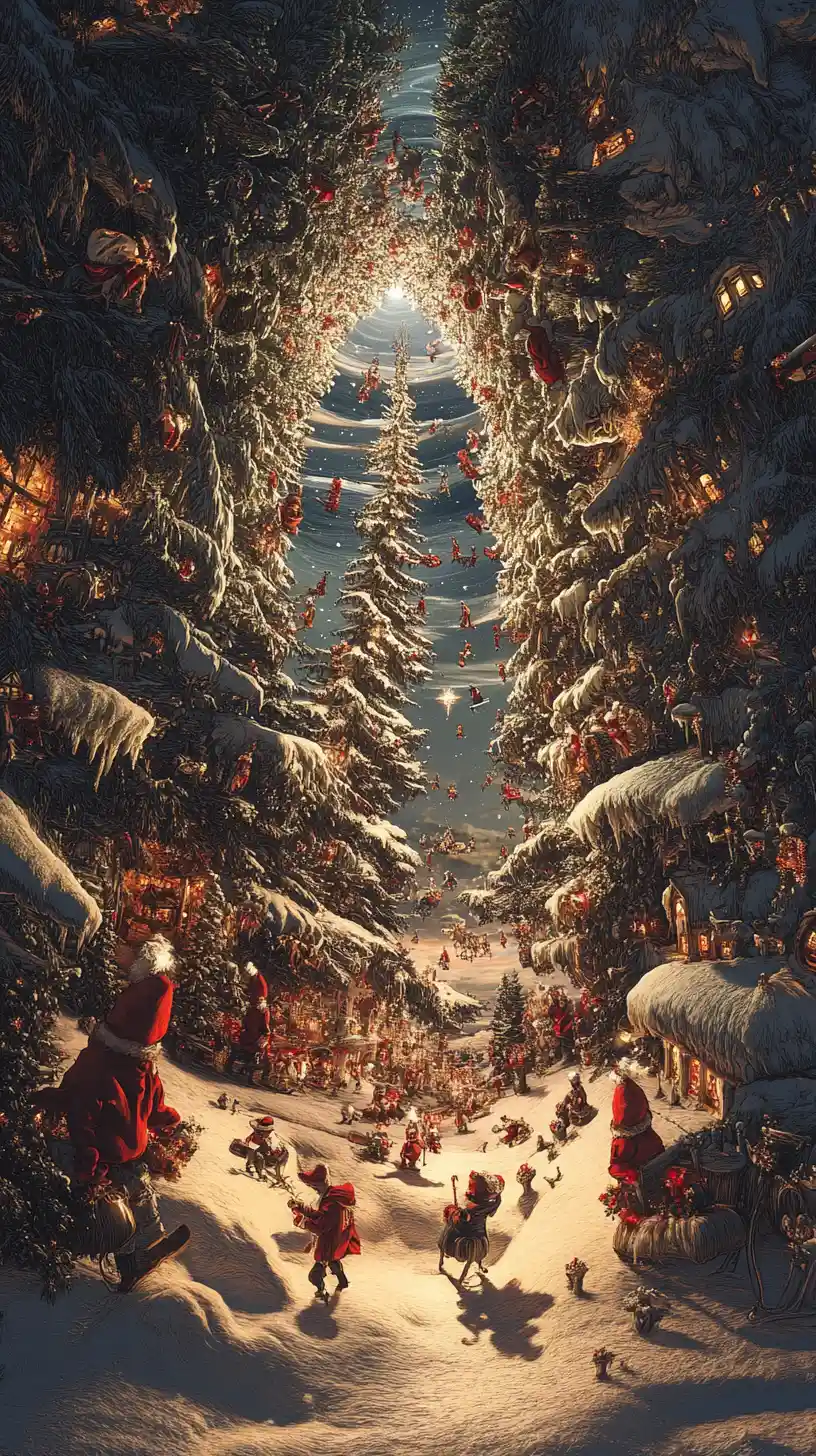 Surreal Christmas illusion with multiple overlapping scenes