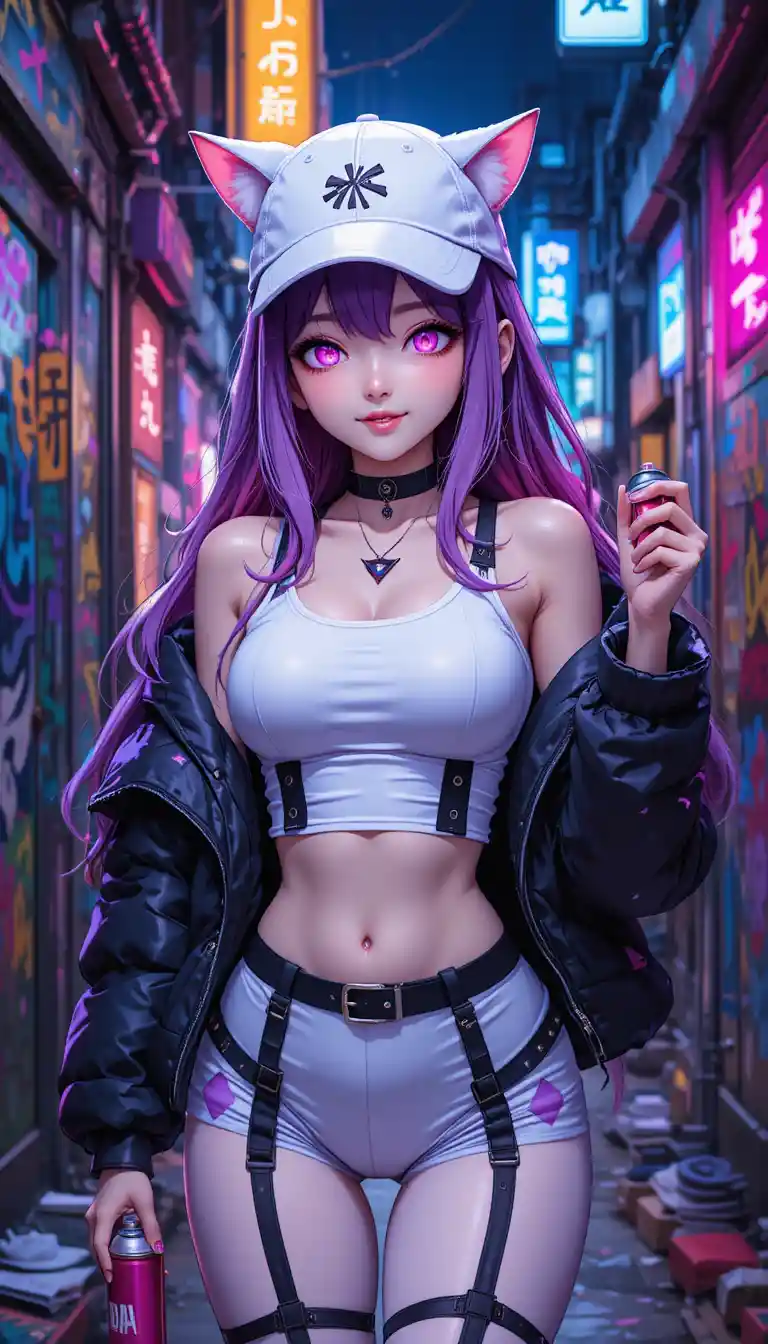 Neon haired anime girl in graffiti lit city alley