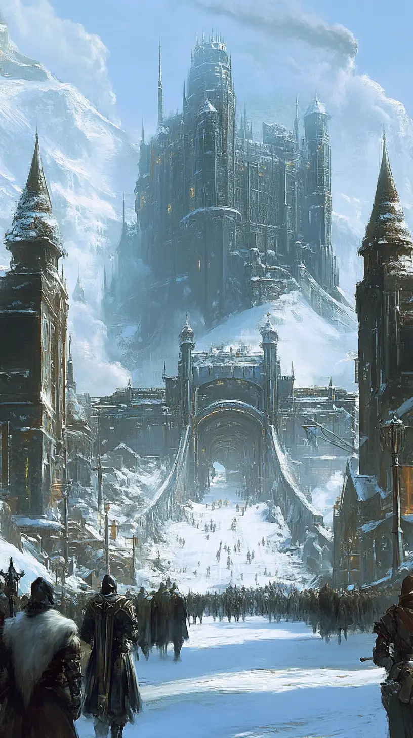 Medieval steampunk fortress with knights in a snowy march