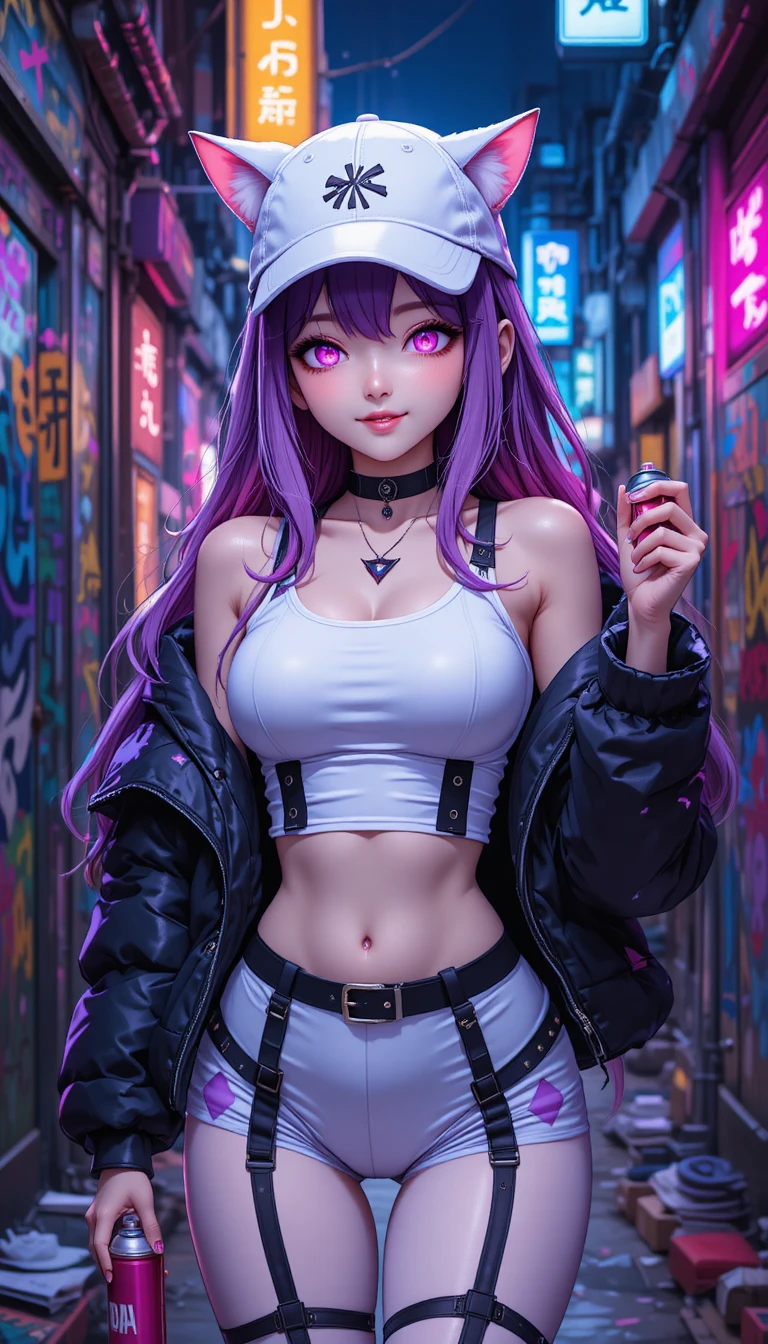 Neon haired anime girl in graffiti lit city alley
